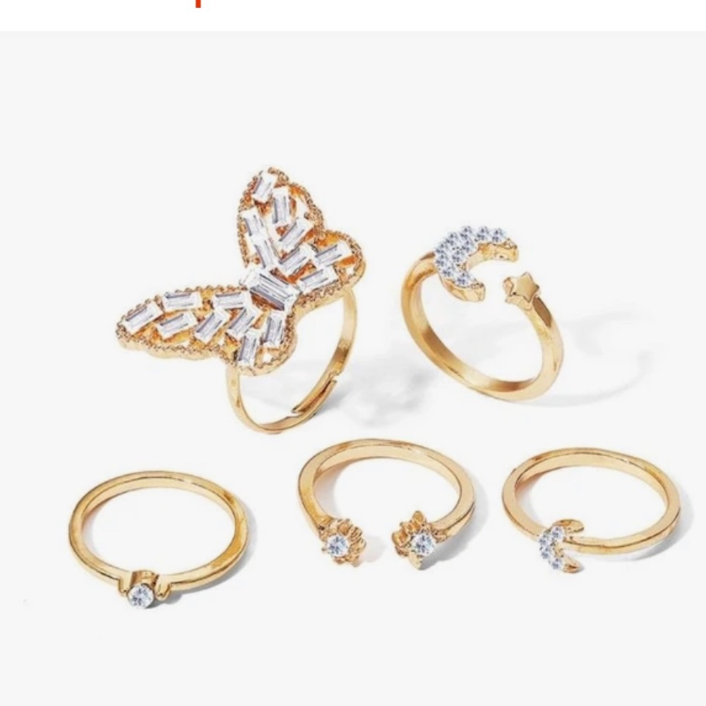 New 5 PCS Adjustable Rhinestone Butterfly Moon Ring Set - Picture 3 of 5